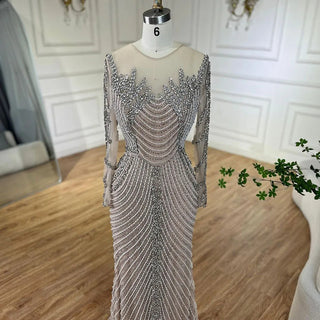 Luxury Crystal Pearls Dubai Nude Evening Dress - Long Sleeves Formal Prom Party Gown for Women's Wedding