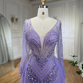 Arabia Lilac Elegant Mermaid Evening Dress with Overskirt - Luxury Beaded Gown for Women's Wedding Party 2024