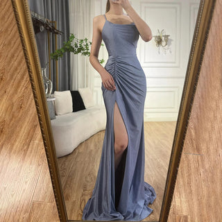 Saudi Arabic Blue Spaghetti Strap Mermaid Long Evening Gown with Split for Occasion