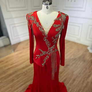 Ships in 1 to 3 Days - Arabic Red Mermaid Dresses for Women, Elegant Tassel, Beaded, Luxury, Dubai Evening Gowns, Wedding Party.