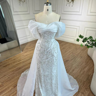 Ships in 1 to 3 Days - Arabic White Beaded Mermaid Elegant with Overskirt Luxury Dubai Evening Dresses Gowns for Women's Party 2024