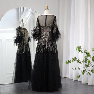 Elegant Half-Sleeve Luxury Dubai Evening Dresses in Black with Feathers: Perfect for Women's Fuchsia Arabic Wedding Party Dress