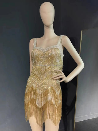 Luxury Gold Mini Skirt Stage Dress with Tassel Beads - Evening Fashion Dress