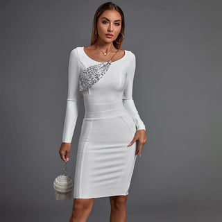 2024 Fall Women's Cut-Out White Long Sleeve Party Dress - Sequined Neckline with Shiny Chains Midi Bandage Dress