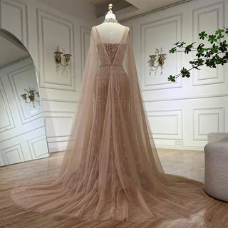 Ships in 1 to 3 Days - 2024 Nude Beaded Spaghetti Strap Mermaid Evening Gown with Long Cape for Formal Occasions