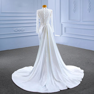 Elegant Satin High Neck Lace Mermaid Wedding Dress with Tail