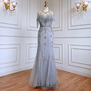 Elegant Grey Mermaid Floor-Length Evening Dress - Beaded Tassel Dubai Luxury Gown for Women's Party 2024