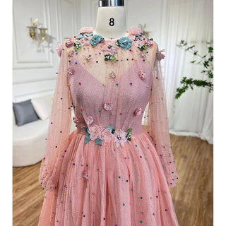 Ships in 1 to 3 Days - Pink A-Line O Neck Long Sleeve Dubai Evening Dress 2024 with Handmade Flowers and Pearls