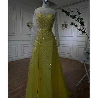 Arabic Yellow Illusion High Split Luxury Beaded Dubai Evening Dress: Elegant Gown for Women's Wedding Party 2024