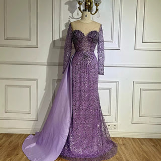 Mermaid Evening Dress Gown with Overskirt and Pearls Beaded Detailing