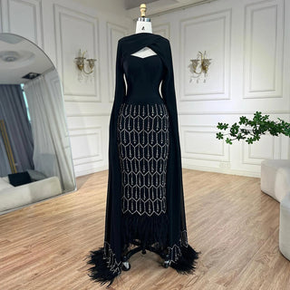 Ships in 1 to 3 Days - Bling Black Mermaid Arabic Evening Dress with Cape Feather Prom Formal Dresses for Women's Wedding Party Gowns