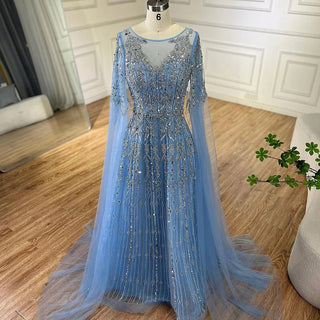 Ships in 1 to 3 Days - 2024 Muslim A-Line Blue Beaded Luxury Evening Gowns with Cape Sleeves for Women's Party Dubai