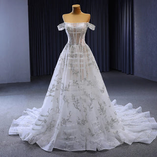 New Design 2023 Boat Neck Off-The-Shoulder Illusion Lace-Up Chapel Train Wedding Dress