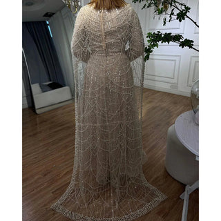 Ships in 1 to 3 Days – Elegant Hijab Muslim Nude A-Line Long Cape Evening Dress - Luxury Dubai Gown for Women's Wedding Party 2024