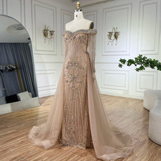 Ships in 1 to 3 Days - Nude Mermaid Elegant Overskirt Beaded Luxury Dubai Evening Dress Gown 2024 For Women Wedding Party