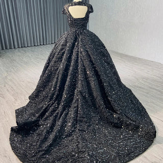 Shiny Black Short Sleeve High Neck Ball Gown Evening Dress