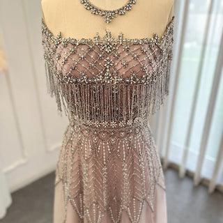 Pink A-Line O-Neck Tassel Elegant Beaded Luxury Dubai Evening Dresses Gowns For Women Party 2024