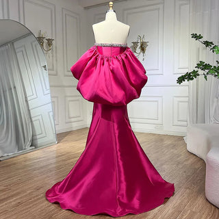 Ships in 1 to 3 Days - Fuchsia Mermaid Mikado Satin Strapless Balloon Sleeves Evening Dress - Women's Wedding Party 2024