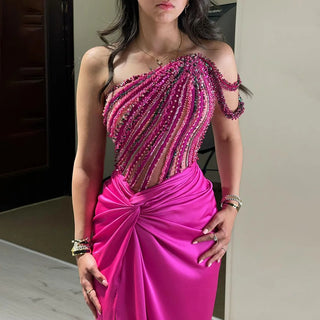 Ships in 1 to 3 Days - 2024 Fuchsia One Shoulder Side Slit Mermaid Luxury Dubai Evening Gown Beaded Dress for Women's Party