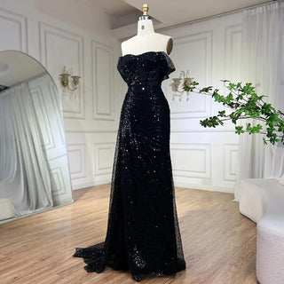 Ships in 1 to 3 Days - Elegant Black Mermaid Evening Dress with High Split and Overskirt - Women's Party Gown 2024