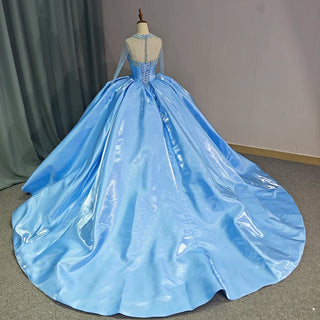 Crystal Long Sleeve Beaded Baby Blue Evening Party Gown