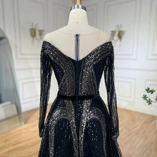 Elegant Arabic Black A-Line Evening Gown with Shiny Beaded Detailing For Women’s Wedding Party 2024