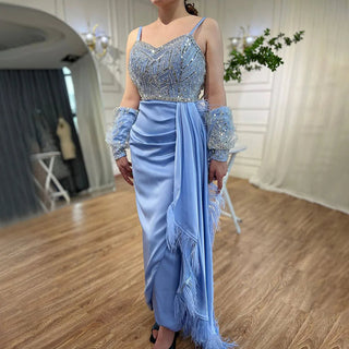 Arabic Blue Elegant Mermaid Evening Dress: Puff Sleeves with Beaded Feathers, Luxury Dubai Design for Women's Party