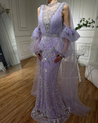 2024 Arabic Lilac Mermaid Evening Gown with Puffy Sleeves and Sparkling Beaded Detailing - Long Dress for Formal Occasions