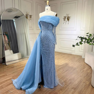 Ships in 1 to 3 Days - Blue Mermaid Elegant One-Shoulder Evening Dress with Luxury Pearls Beading - Women's Wedding Party Gown (2024)