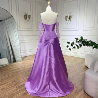 2024 Arabia Purple Strapless A-Line Evening Gown with Gloves - Luxury Beaded Satin for Women's Wedding Party