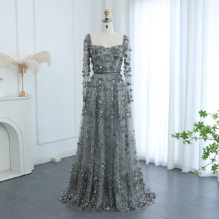 Luxury 3D Flower Gray Long Sleeves Evening Dresses for Women Wedding Party Elegant Arabic A-line Formal Gowns