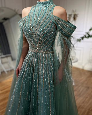 Ships in 1 to 3 Days - 2024 Arabic Turquoise A-Line Evening Gown with Beaded Cape Sleeves and Feather Details for Wedding Parties