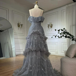 Ships in 2 to 5 Days - 2025 Arabic Gray A-Line Off-The-Shoulder Beaded Saudi Evening Gown for Formal Occasions