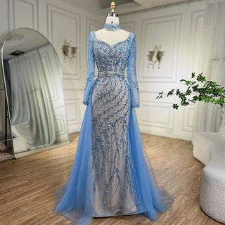 Arabia Blue Mermaid Elegant With Overskirt Luxury Dubai Evening Dress Gown for Women Wedding Party 2024