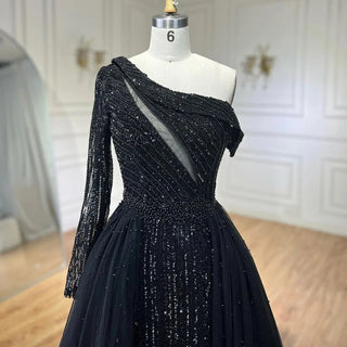 Ships in 1 to 3 Days - 2024 Black One-Shoulder With Overskirt Luxury Beaded Formal Occasion Evening Dresses Gowns for Women Party