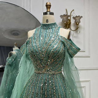 Ships in 1 to 3 Days - 2024 Arabic Turquoise A-Line Evening Gown with Beaded Cape Sleeves and Feather Details for Wedding Parties