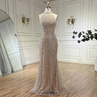 Dubai Luxury Pearls Beaded Mermaid Evening Dress Gown 2024 for Women - White Nude for Wedding Parties