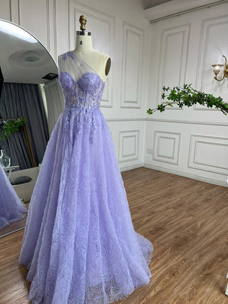 2024 Arabic Lilac One-Shoulder A-Line Lace Appliques Luxury Prom Dress for Women's Party