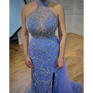 Arabic Blue Mermaid Sleeveless Sexy High Split Beaded Evening Dress - Women's Wedding Party Gown 2024