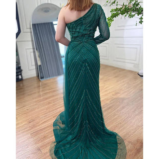 Green One Shoulder Mermaid Split Open Evening Dress: Beaded Sexy Party Gown for Women 2024