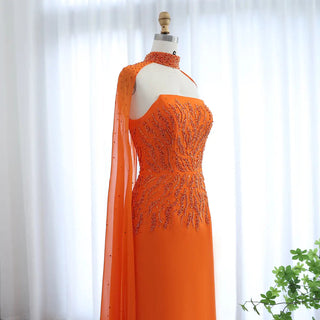 Arabic Orange Strapless Evening Dress with Cape Sleeve for Women, Luxury Dubai Formal Party Gowns