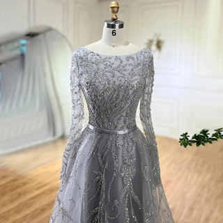 Ships in 1 to 3 Days - 2024 Muslim Gray A-Line Evening Luxury Dubai Dress - Beaded Gown for Women's Wedding Party