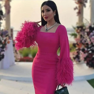 Fuchsia Elegant Arabic Mermaid Evening Dress 2024: Sexy Feathers, Ideal for Women's Wedding Party