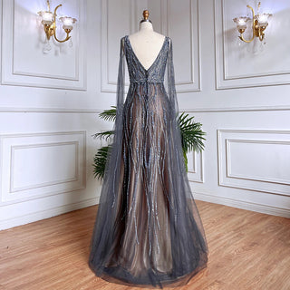 Elegant Black Luxury Dubai Evening Dress with Cape Sleeves: Perfect for Women's Blue and Red Wedding Formal Party Gowns (2024)