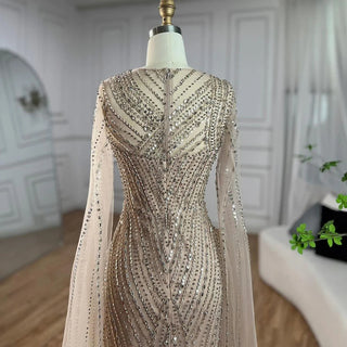 Arabic Elegant Cape Sleeves Mermaid Nude Dubai Evening Dress - Beaded Luxury Gown for Women's Party 2024