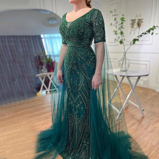 Emerald Elegance: 2024 Luxury Evening Dresses with Cape Sleeves in Rose Gold and Gray