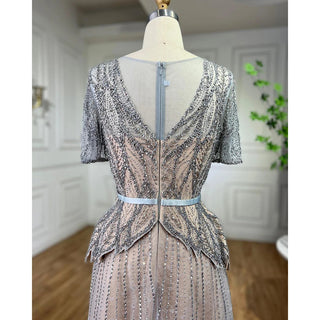 Silver Nude Elegant Short Sleeves A-Line Evening Dress 2024 - Mother of the Bride Luxury Beaded Party Dress