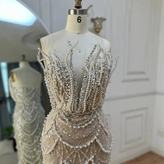 Ships in 2 to 5 Days - 2025 Nude Saudi Pearls Beaded Strapless Mermaid Evening Gown – Customized Elegance