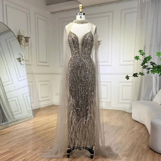 2024 White Nude Mermaid Wedding Party Dress: Beaded Feathers Luxury Cape Sleeves Prom Gown