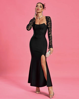 2024 Black Lace Flower Long Sleeve Bandage Gown - Elegant Maxi Evening Dress for Women